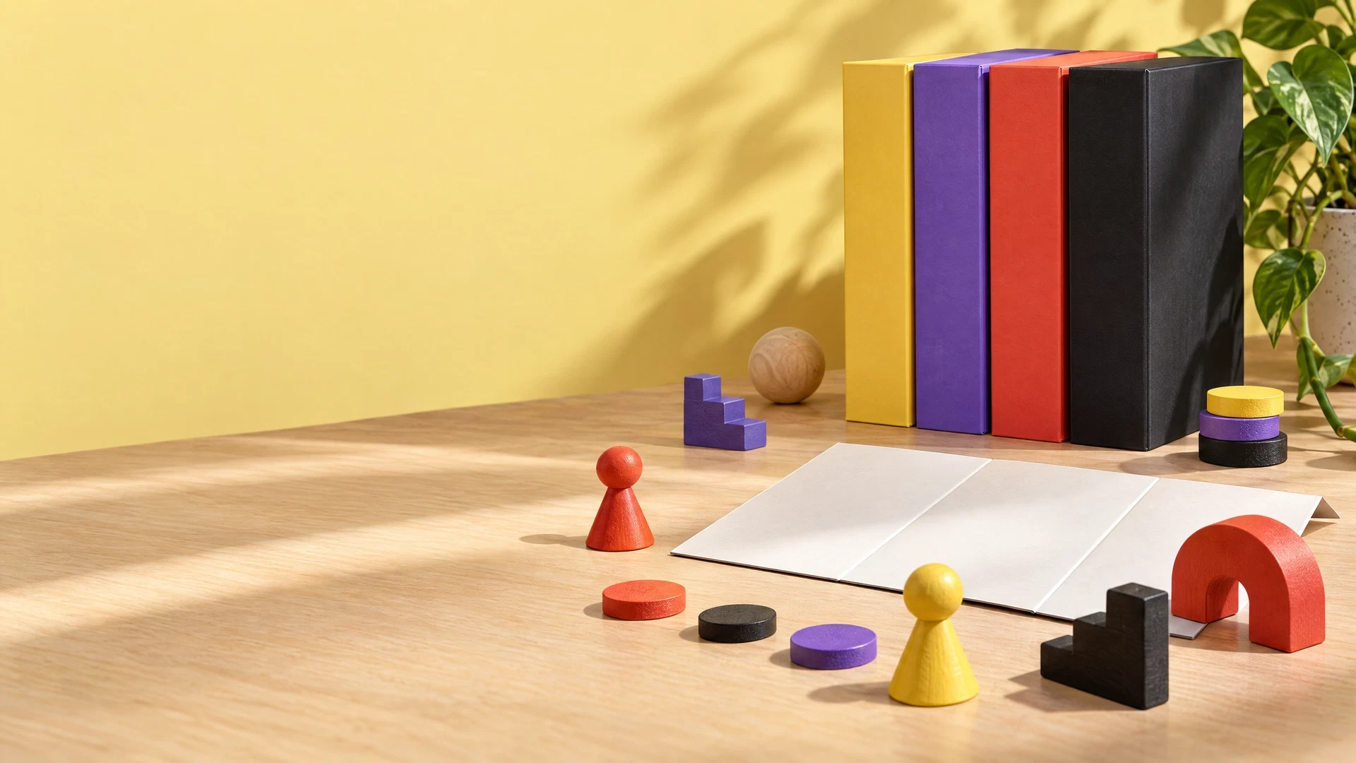Abstract tabletop pieces and plain book-like game spines