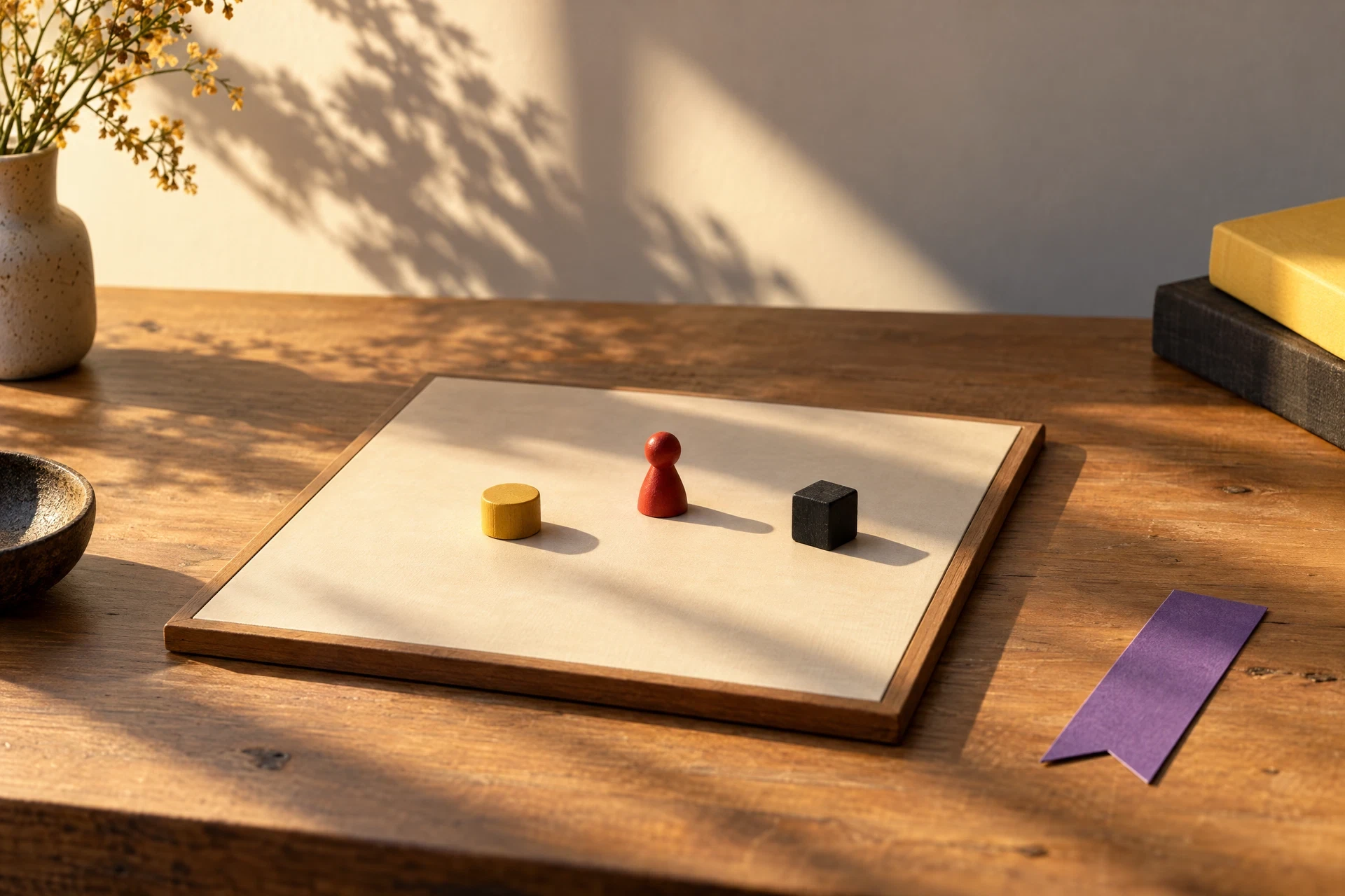 Clear wooden table with blank board and colorful wooden pieces