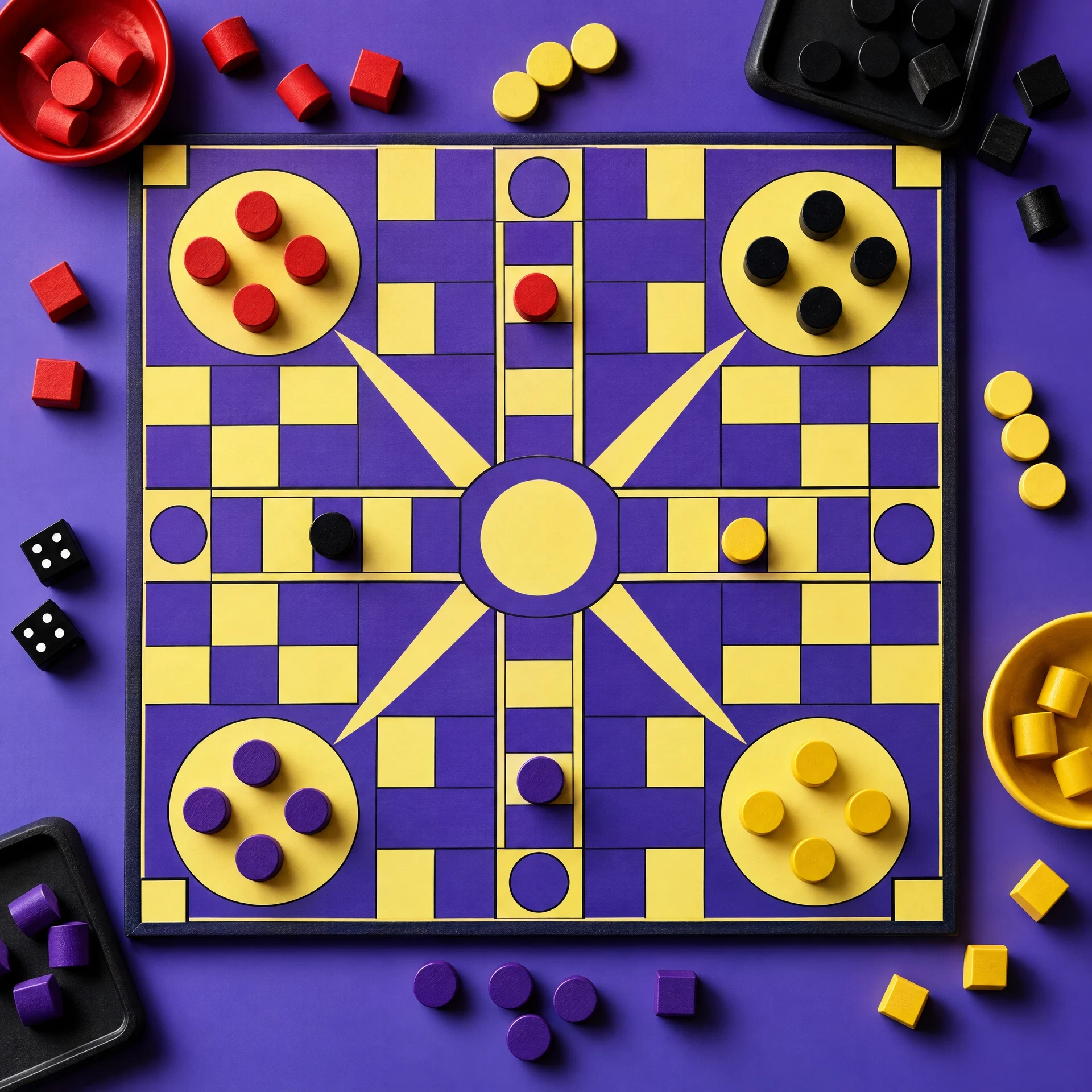 Top-down geometric board with abstract wooden pieces