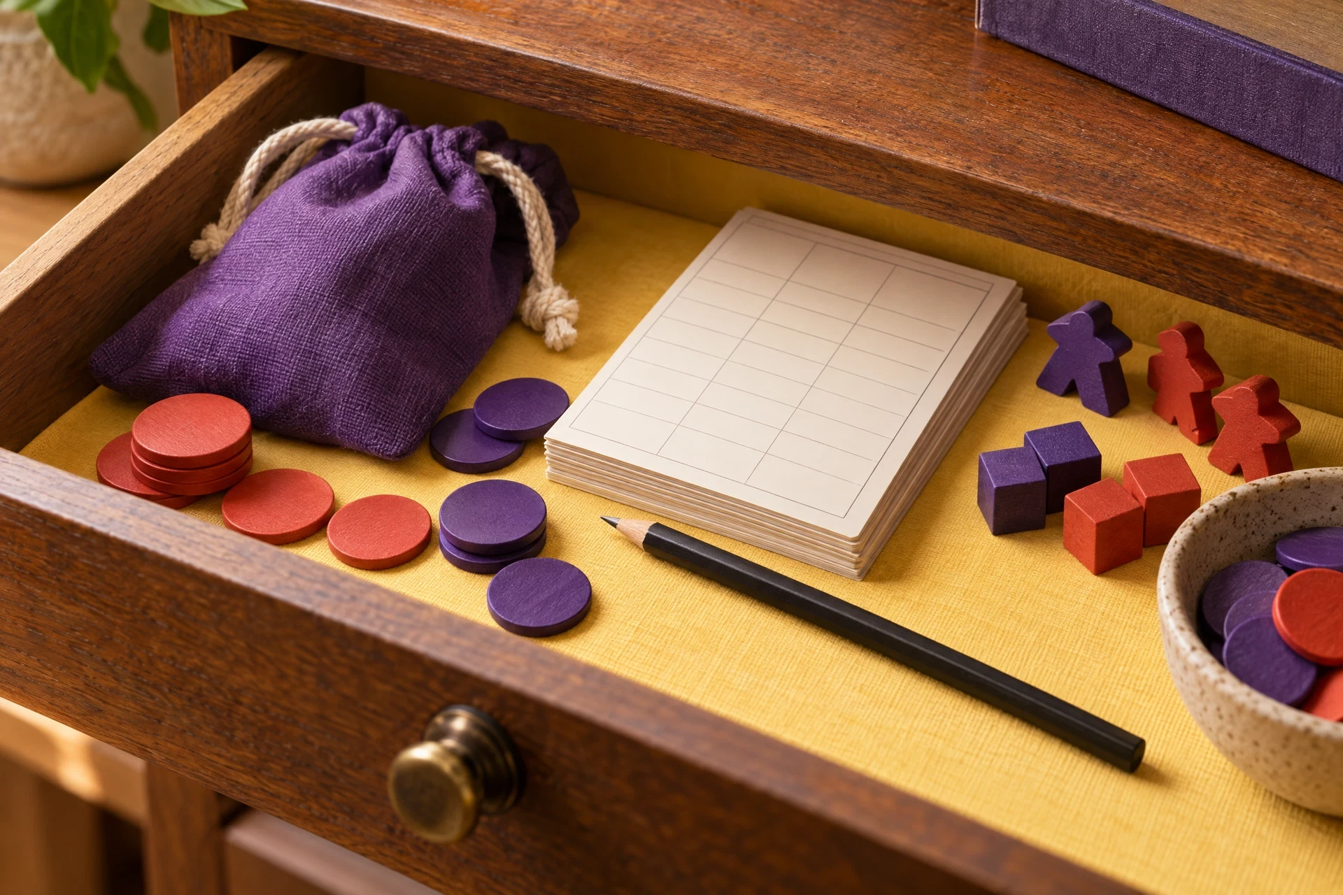 Open drawer with unbranded tabletop materials and blank cards