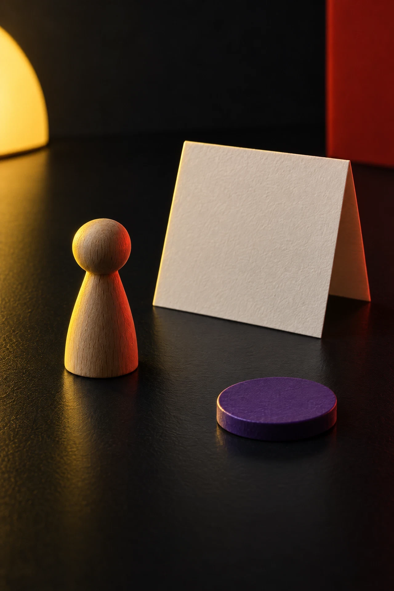 Single abstract wooden pawn with blank folded card and violet token