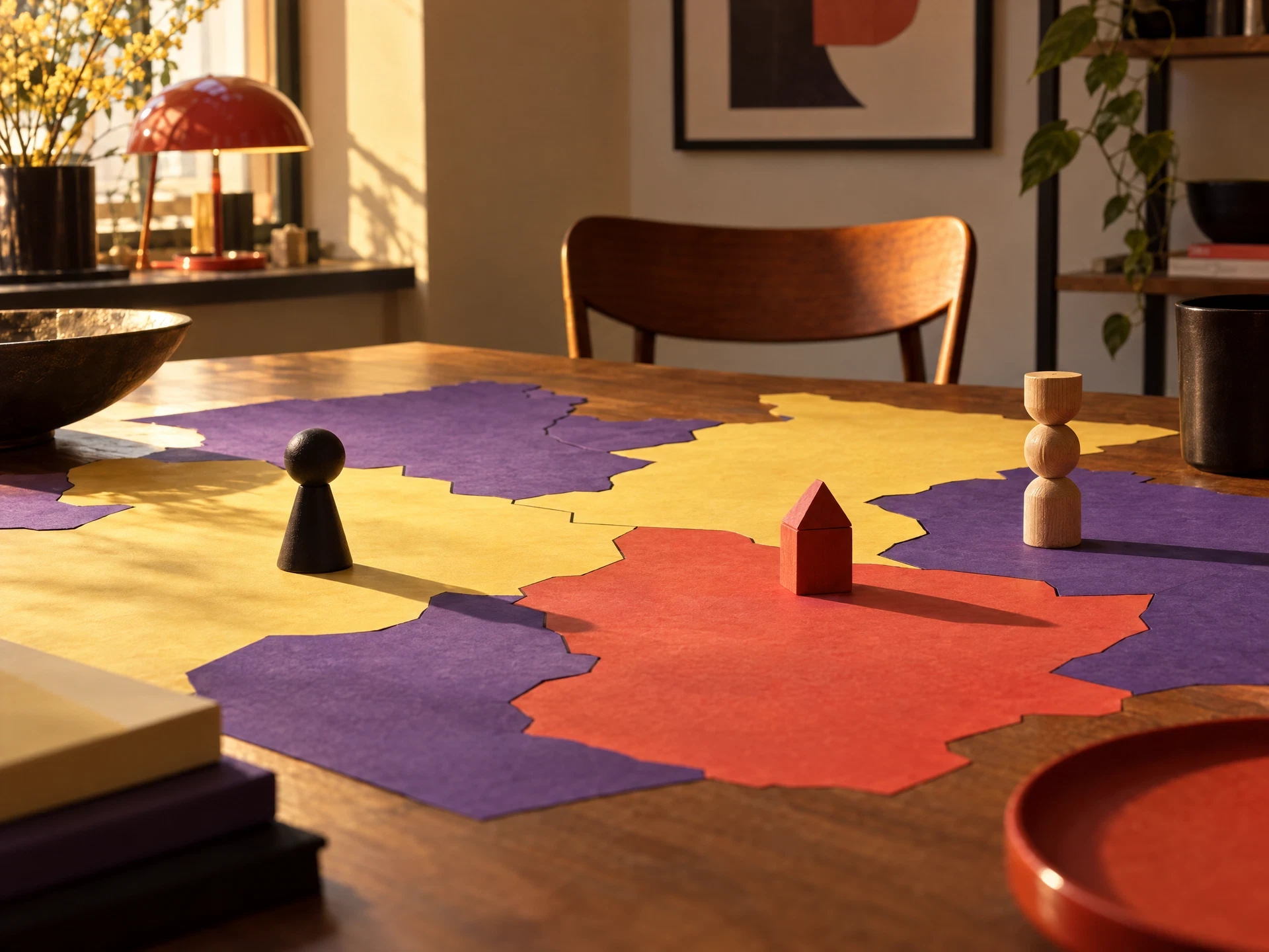 Blank tabletop map with abstract pieces and empty chair