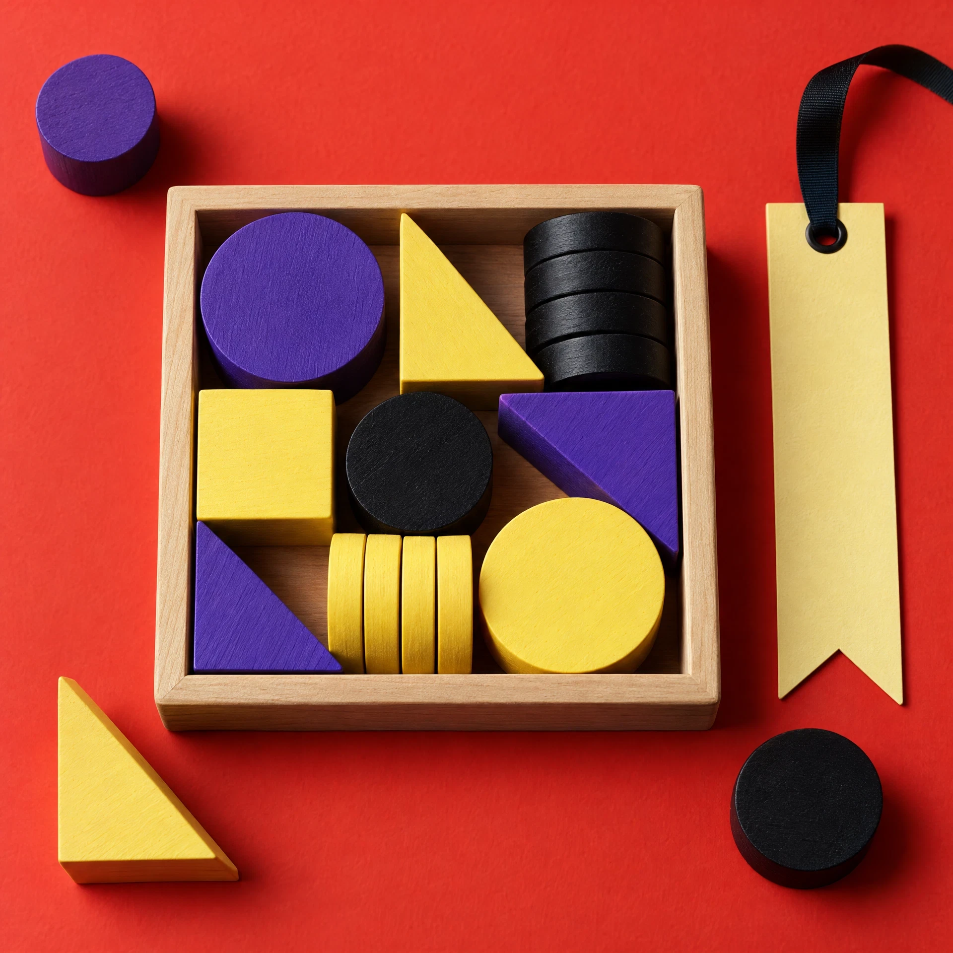 Colorful wooden discs wedges and blocks in an open tray