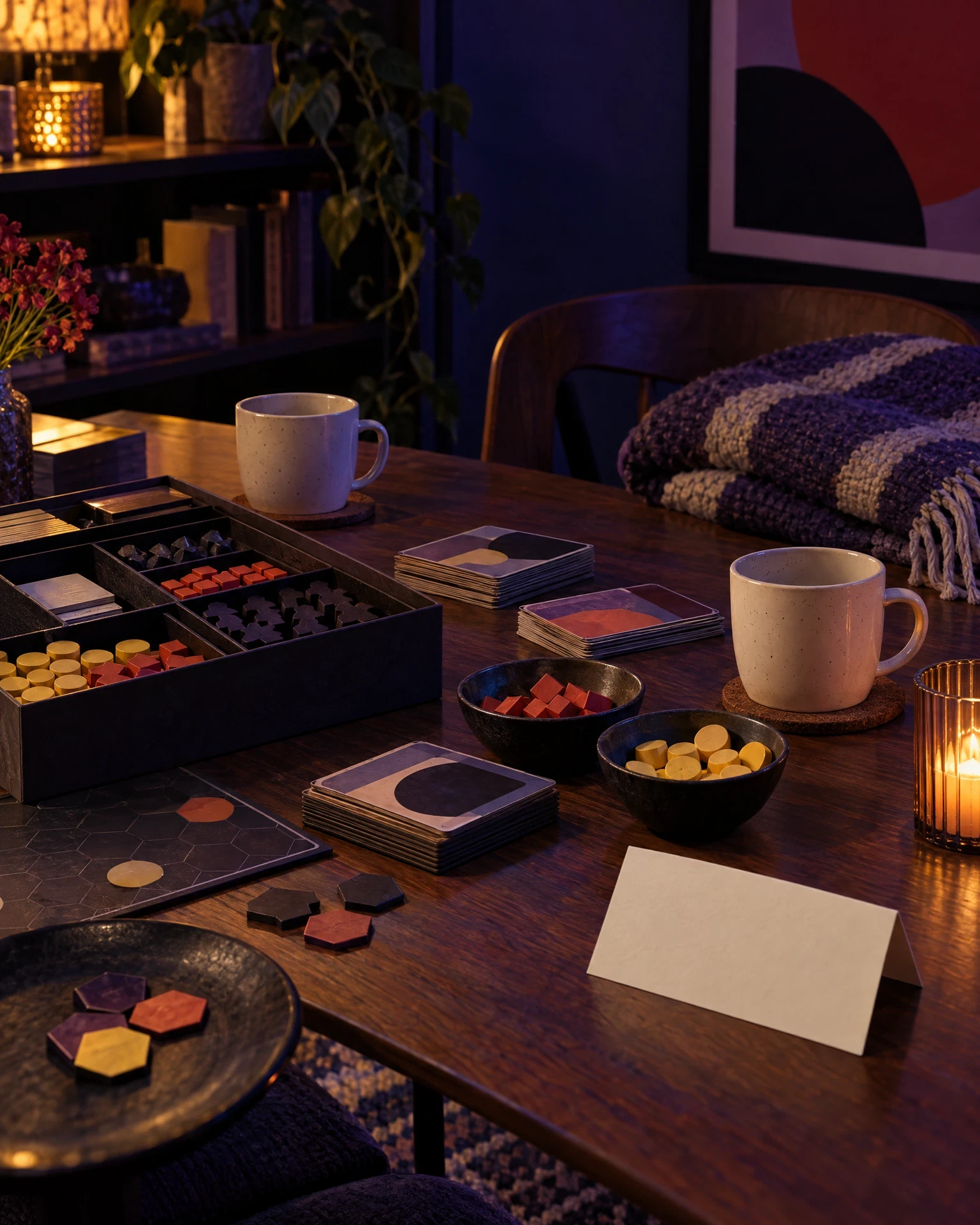 Quiet game table after a session with gathered abstract components